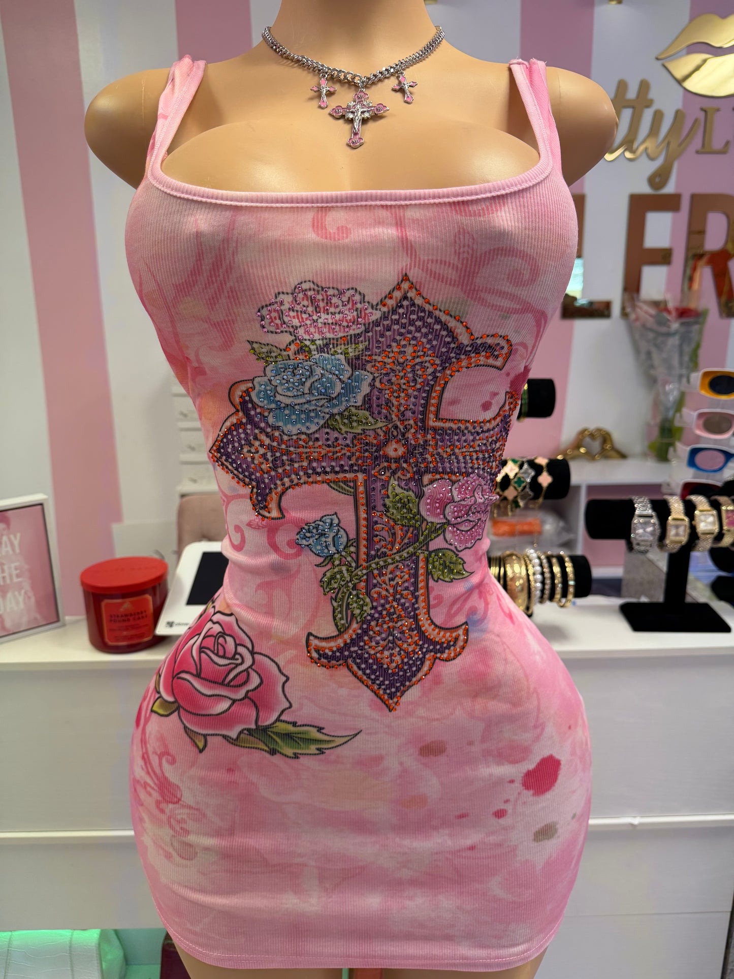 Pink cross diamond dress